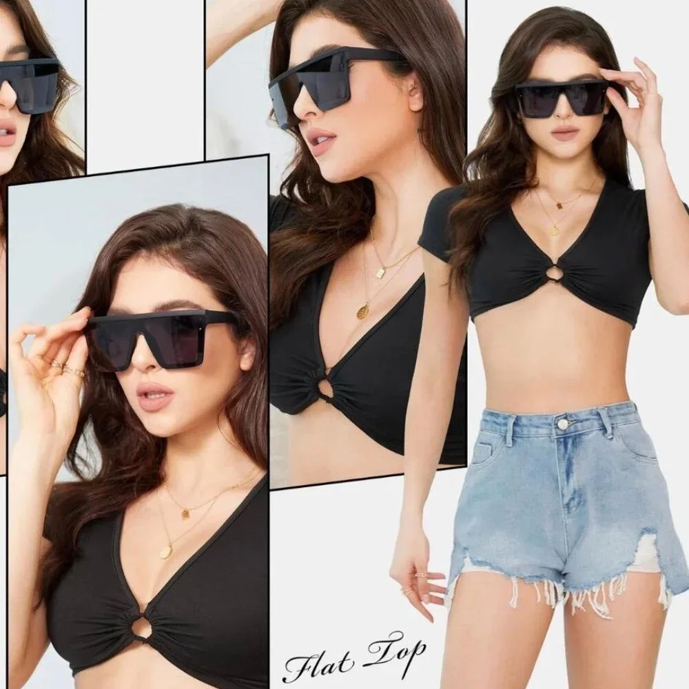 NEW -Flat Top Shield Sunglasses Square Mirror Rimless Glasses for UNISEX - Black